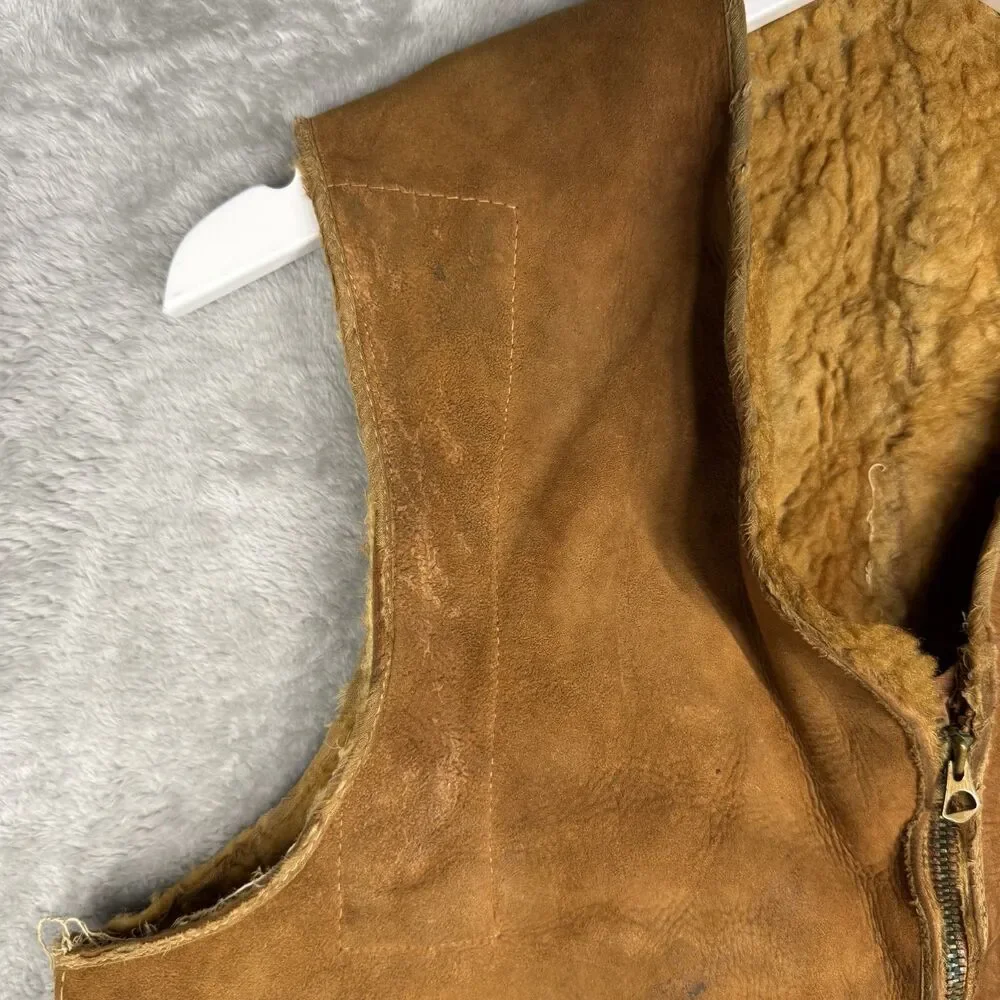 Vintage 1930s Leather Vest Men 38 Shearling Lined USA Talon Zip Brown Western